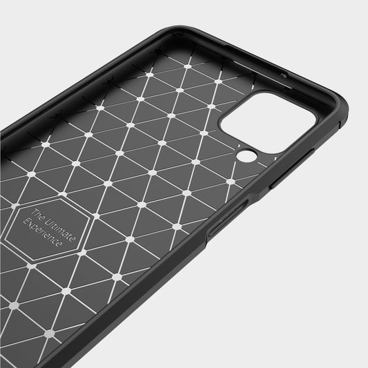 Galaxy A02s case back detail showing brushed carbon fiber pattern and raised edges