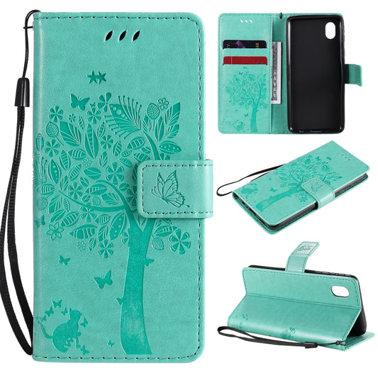 Tree and cat pattern Samsung Galaxy A01 Core leather flip case with card slots and wallet