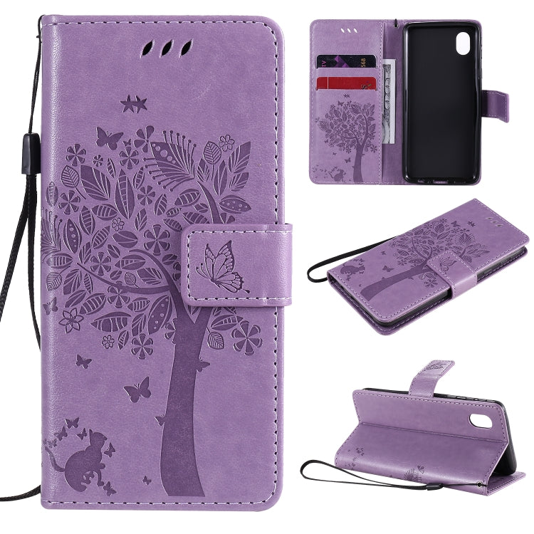 Tree & Cat Pattern Pressed Printing Horizontal Flip PU Leather Case with Holder & Card Slots & Wallet & Lanyard, For Samsung Galaxy A01 Core, For Samsung Galaxy M01