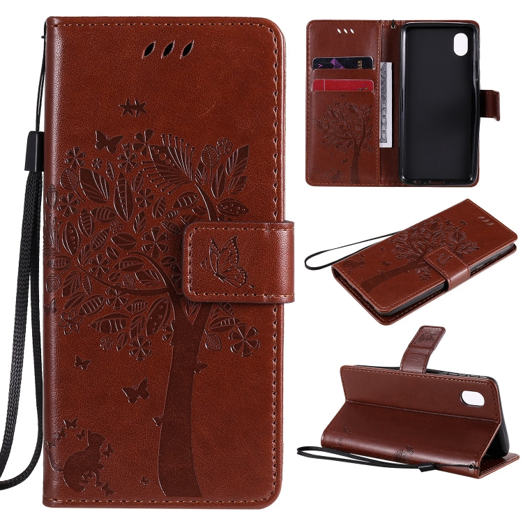 Tree & Cat Pattern Pressed Printing Horizontal Flip PU Leather Case with Holder & Card Slots & Wallet & Lanyard, For Samsung Galaxy A01 Core, For Samsung Galaxy M01