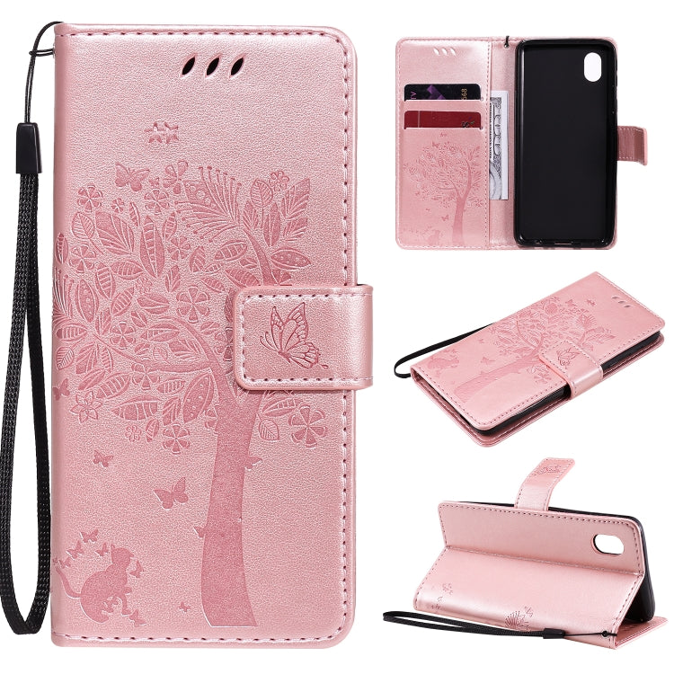Tree & Cat Pattern Pressed Printing Horizontal Flip PU Leather Case with Holder & Card Slots & Wallet & Lanyard, For Samsung Galaxy A01 Core, For Samsung Galaxy M01