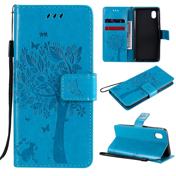 Tree & Cat Pattern Pressed Printing Horizontal Flip PU Leather Case with Holder & Card Slots & Wallet & Lanyard, For Samsung Galaxy A01 Core, For Samsung Galaxy M01