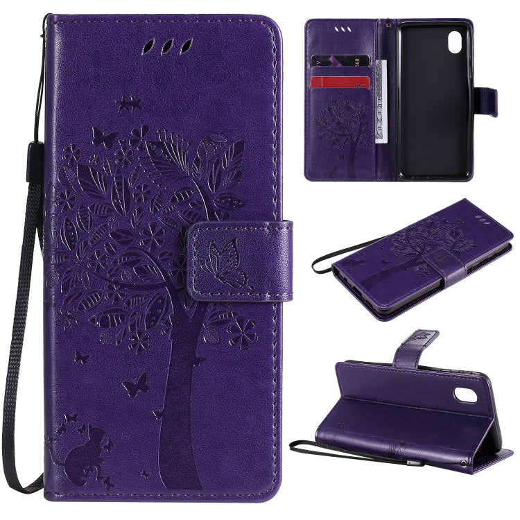 Tree & Cat Pattern Pressed Printing Horizontal Flip PU Leather Case with Holder & Card Slots & Wallet & Lanyard, For Samsung Galaxy A01 Core, For Samsung Galaxy M01