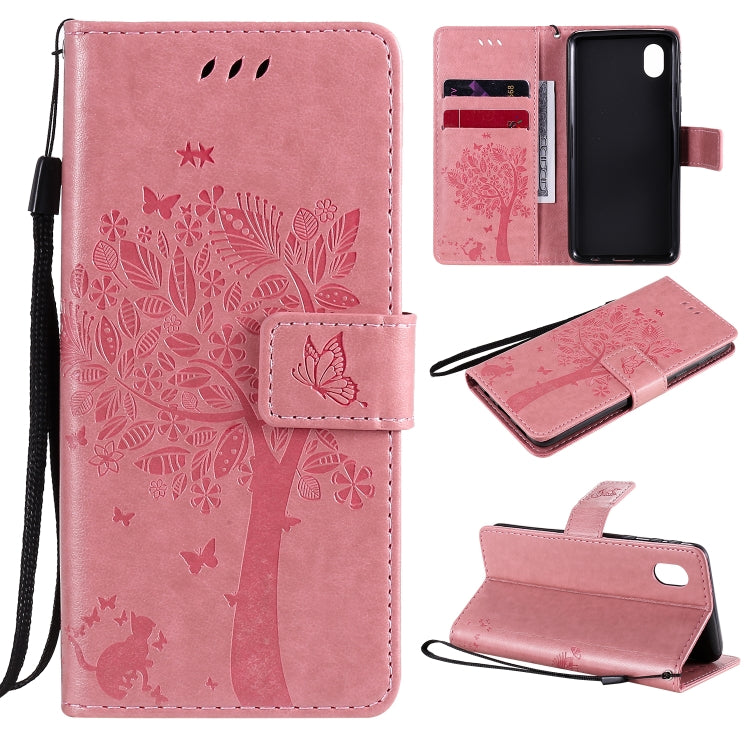 Tree & Cat Pattern Pressed Printing Horizontal Flip PU Leather Case with Holder & Card Slots & Wallet & Lanyard, For Samsung Galaxy A01 Core, For Samsung Galaxy M01