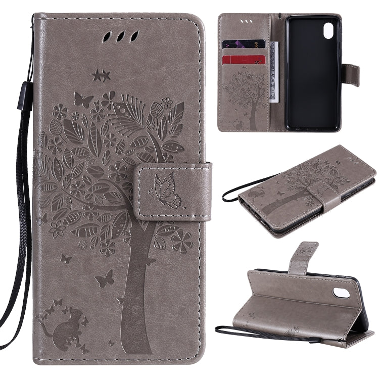 Tree & Cat Pattern Pressed Printing Horizontal Flip PU Leather Case with Holder & Card Slots & Wallet & Lanyard, For Samsung Galaxy A01 Core, For Samsung Galaxy M01