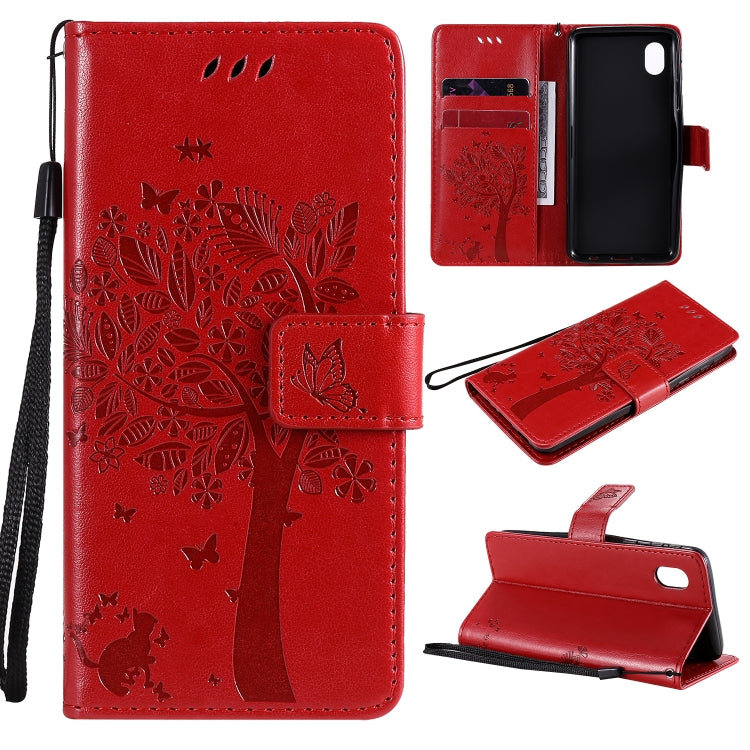 Tree & Cat Pattern Pressed Printing Horizontal Flip PU Leather Case with Holder & Card Slots & Wallet & Lanyard, For Samsung Galaxy A01 Core, For Samsung Galaxy M01