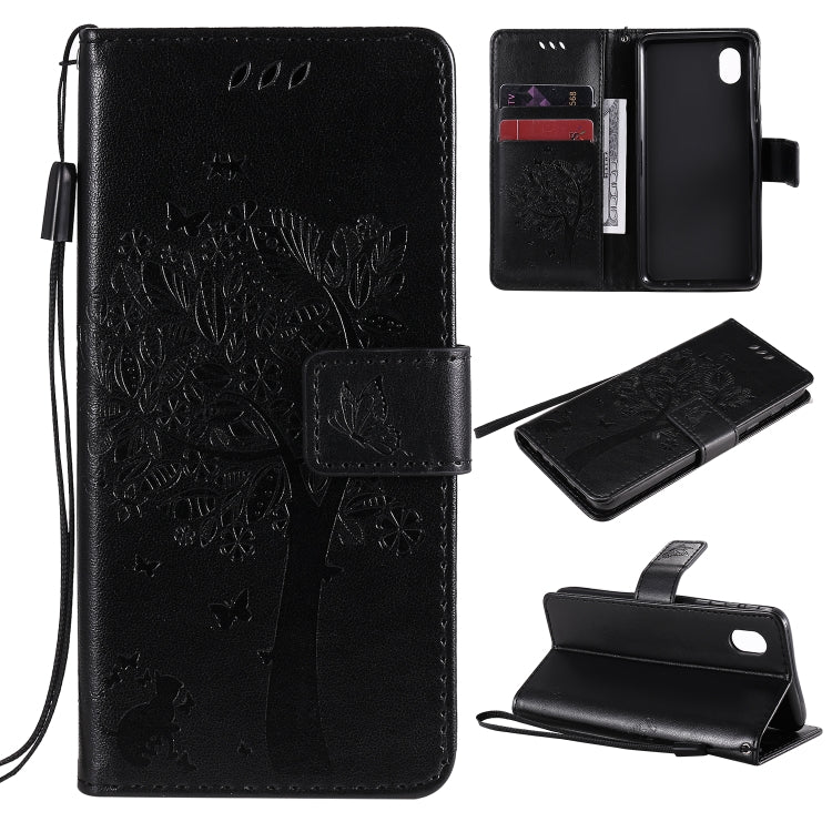 Tree & Cat Pattern Pressed Printing Horizontal Flip PU Leather Case with Holder & Card Slots & Wallet & Lanyard, For Samsung Galaxy A01 Core, For Samsung Galaxy M01