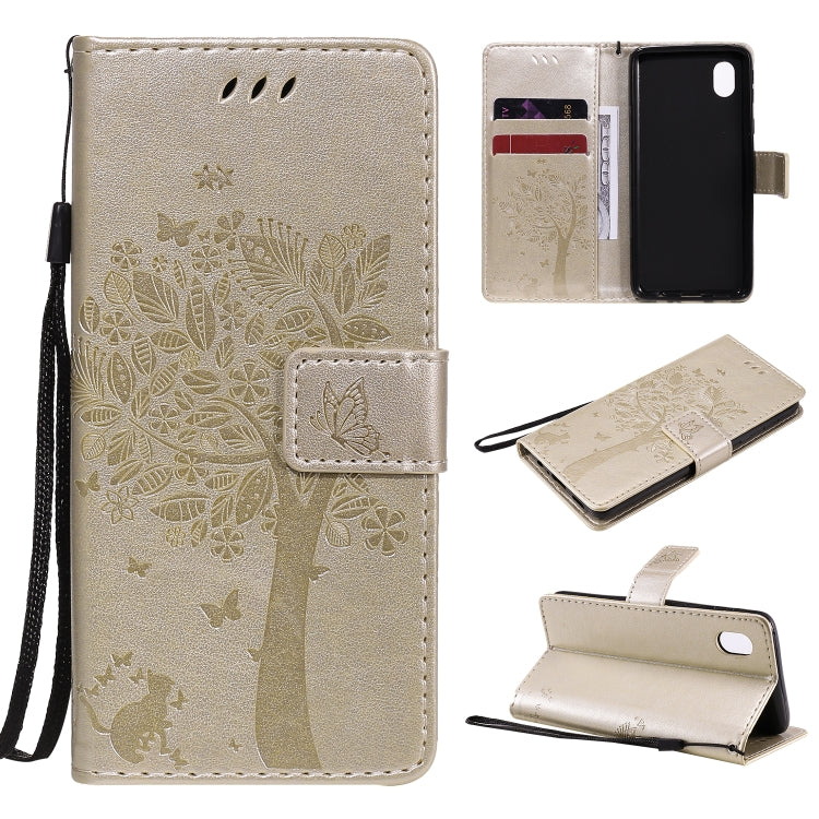 Tree & Cat Pattern Pressed Printing Horizontal Flip PU Leather Case with Holder & Card Slots & Wallet & Lanyard, For Samsung Galaxy A01 Core, For Samsung Galaxy M01