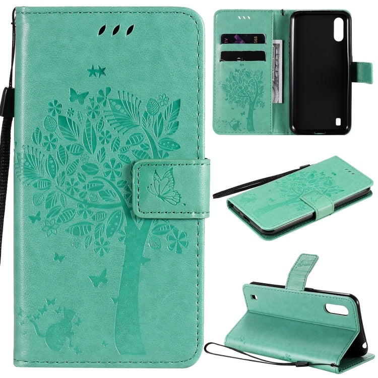 Tree & Cat Pattern Pressed Printing Horizontal Flip PU Leather Case with Holder & Card Slots & Wallet & Lanyard, For Samsung Galaxy A01 Core, For Samsung Galaxy M01