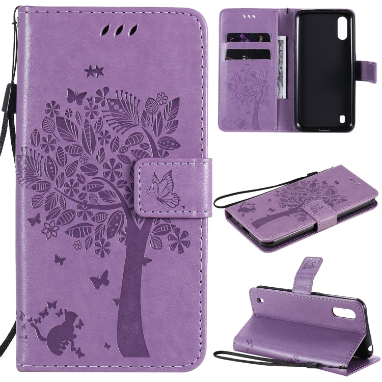 Tree & Cat Pattern Pressed Printing Horizontal Flip PU Leather Case with Holder & Card Slots & Wallet & Lanyard, For Samsung Galaxy A01 Core, For Samsung Galaxy M01