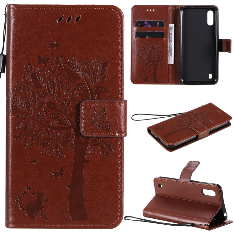 Tree & Cat Pattern Pressed Printing Horizontal Flip PU Leather Case with Holder & Card Slots & Wallet & Lanyard, For Samsung Galaxy A01 Core, For Samsung Galaxy M01