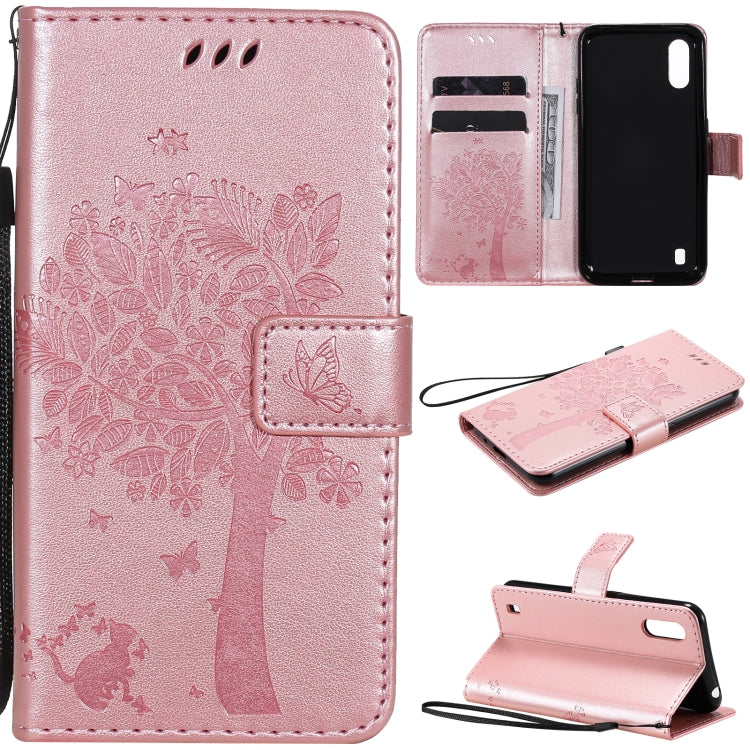 Tree & Cat Pattern Pressed Printing Horizontal Flip PU Leather Case with Holder & Card Slots & Wallet & Lanyard, For Samsung Galaxy A01 Core, For Samsung Galaxy M01