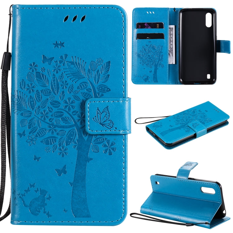 Tree & Cat Pattern Pressed Printing Horizontal Flip PU Leather Case with Holder & Card Slots & Wallet & Lanyard, For Samsung Galaxy A01 Core, For Samsung Galaxy M01