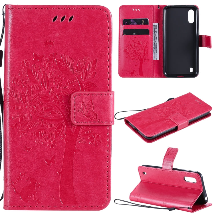 Tree & Cat Pattern Pressed Printing Horizontal Flip PU Leather Case with Holder & Card Slots & Wallet & Lanyard, For Samsung Galaxy A01 Core, For Samsung Galaxy M01
