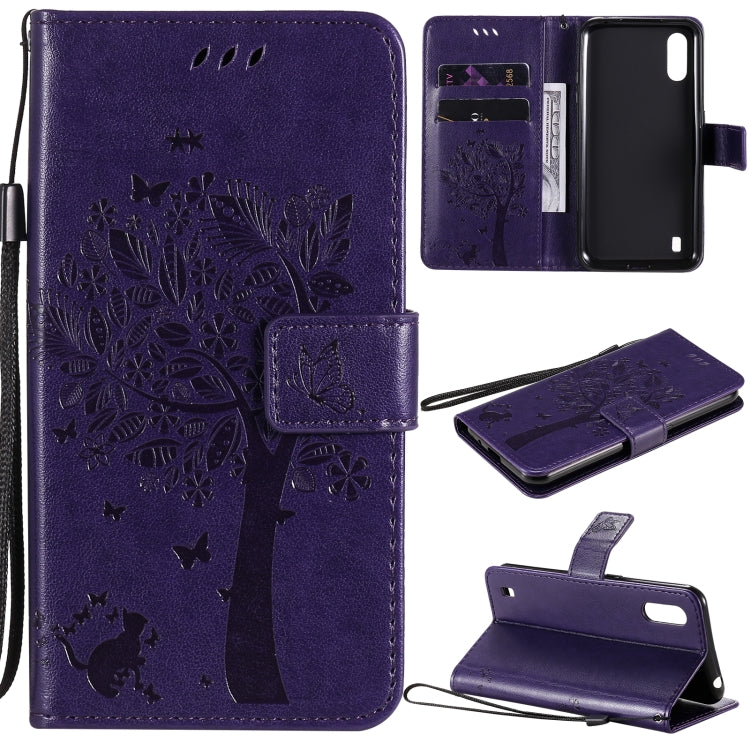 Tree & Cat Pattern Pressed Printing Horizontal Flip PU Leather Case with Holder & Card Slots & Wallet & Lanyard, For Samsung Galaxy A01 Core, For Samsung Galaxy M01