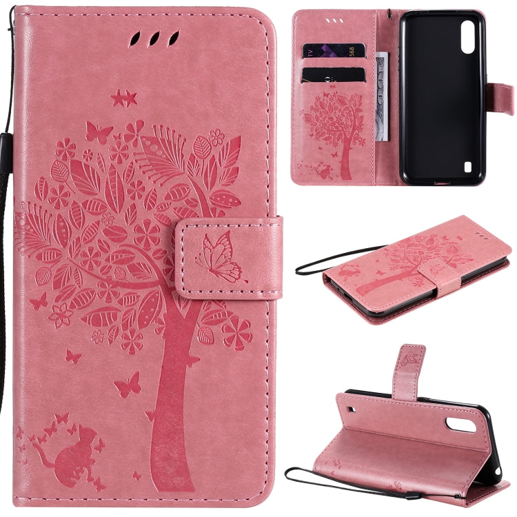 Tree & Cat Pattern Pressed Printing Horizontal Flip PU Leather Case with Holder & Card Slots & Wallet & Lanyard, For Samsung Galaxy A01 Core, For Samsung Galaxy M01