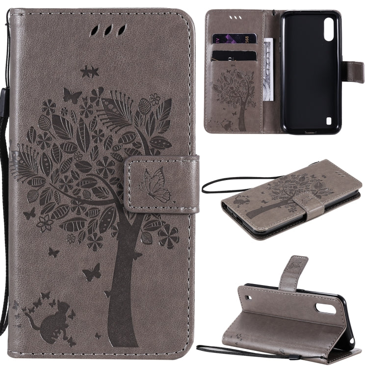 Tree & Cat Pattern Pressed Printing Horizontal Flip PU Leather Case with Holder & Card Slots & Wallet & Lanyard, For Samsung Galaxy A01 Core, For Samsung Galaxy M01