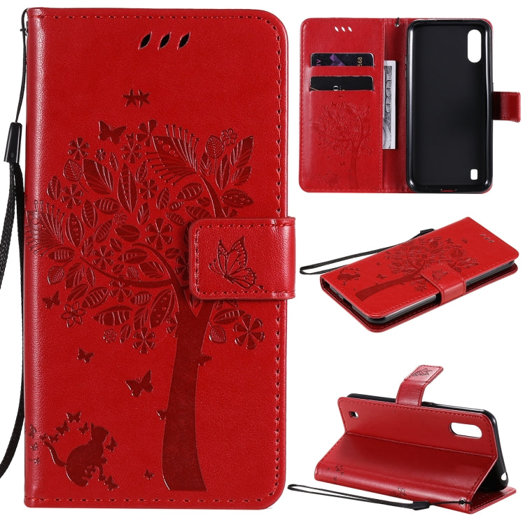 Tree & Cat Pattern Pressed Printing Horizontal Flip PU Leather Case with Holder & Card Slots & Wallet & Lanyard, For Samsung Galaxy A01 Core, For Samsung Galaxy M01