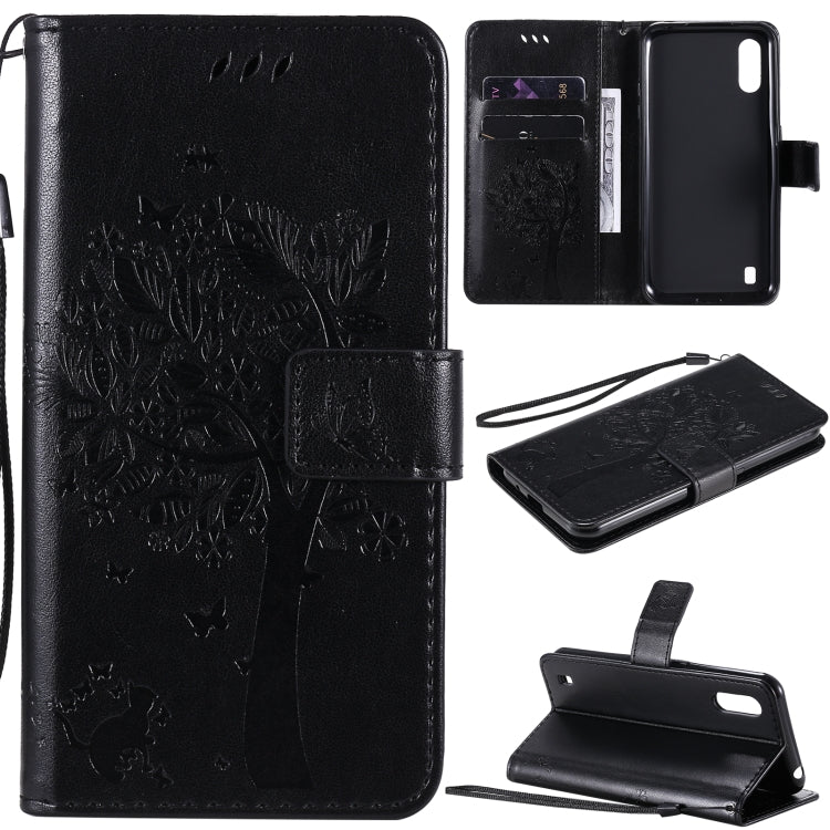 Tree & Cat Pattern Pressed Printing Horizontal Flip PU Leather Case with Holder & Card Slots & Wallet & Lanyard, For Samsung Galaxy A01 Core, For Samsung Galaxy M01