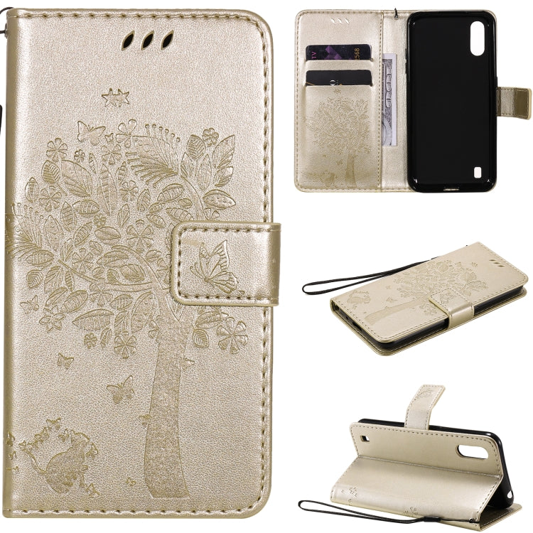 Tree & Cat Pattern Pressed Printing Horizontal Flip PU Leather Case with Holder & Card Slots & Wallet & Lanyard, For Samsung Galaxy A01 Core, For Samsung Galaxy M01