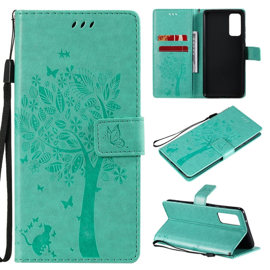 Tree and cat pattern Samsung Galaxy S20 FE 5G leather flip case with card holder
