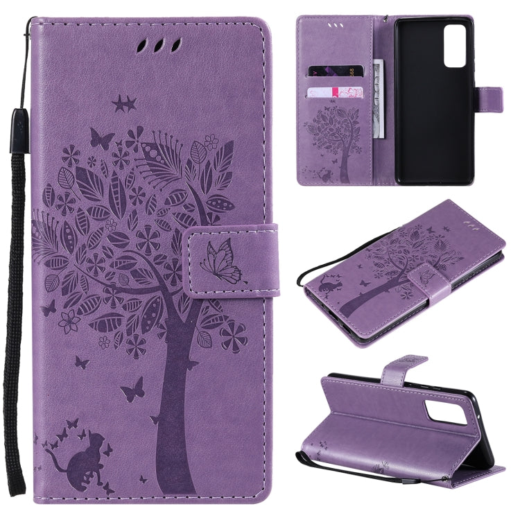 Tree & Cat Pattern Pressed Printing Horizontal Flip PU Leather Case with Holder & Card Slots & Wallet & Lanyard, For Samsung Galaxy S20 FE 5G / S20 Lite