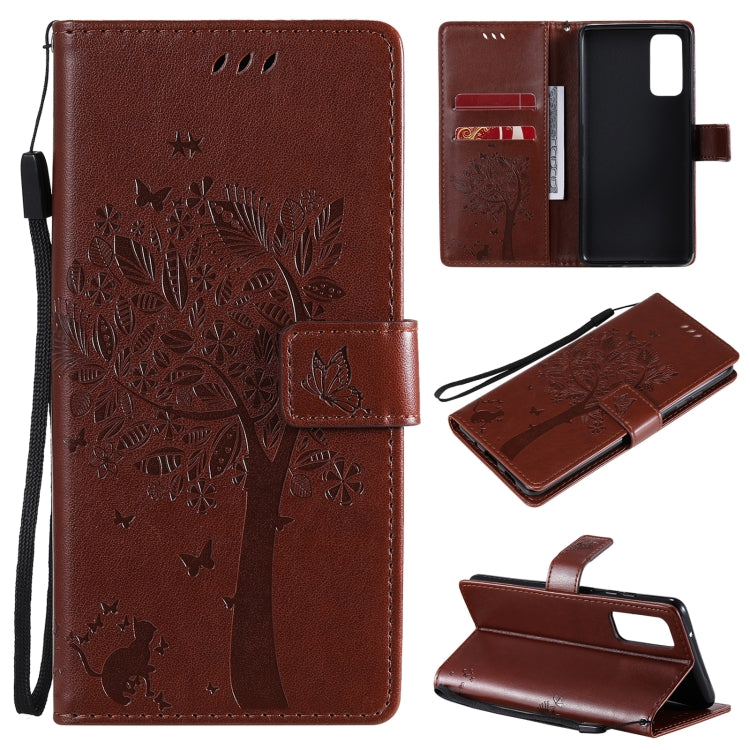 Tree & Cat Pattern Pressed Printing Horizontal Flip PU Leather Case with Holder & Card Slots & Wallet & Lanyard, For Samsung Galaxy S20 FE 5G / S20 Lite