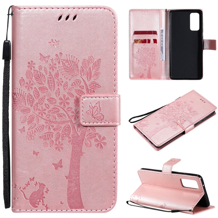 Tree & Cat Pattern Pressed Printing Horizontal Flip PU Leather Case with Holder & Card Slots & Wallet & Lanyard, For Samsung Galaxy S20 FE 5G / S20 Lite
