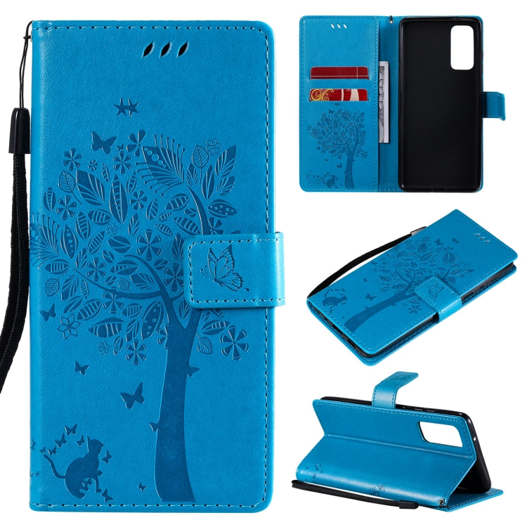 Tree & Cat Pattern Pressed Printing Horizontal Flip PU Leather Case with Holder & Card Slots & Wallet & Lanyard, For Samsung Galaxy S20 FE 5G / S20 Lite