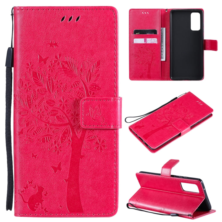 Tree & Cat Pattern Pressed Printing Horizontal Flip PU Leather Case with Holder & Card Slots & Wallet & Lanyard, For Samsung Galaxy S20 FE 5G / S20 Lite
