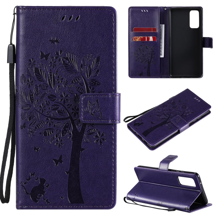 Tree & Cat Pattern Pressed Printing Horizontal Flip PU Leather Case with Holder & Card Slots & Wallet & Lanyard, For Samsung Galaxy S20 FE 5G / S20 Lite