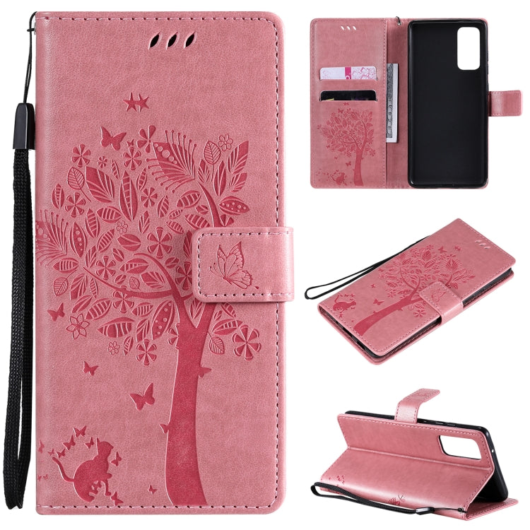 Tree & Cat Pattern Pressed Printing Horizontal Flip PU Leather Case with Holder & Card Slots & Wallet & Lanyard, For Samsung Galaxy S20 FE 5G / S20 Lite