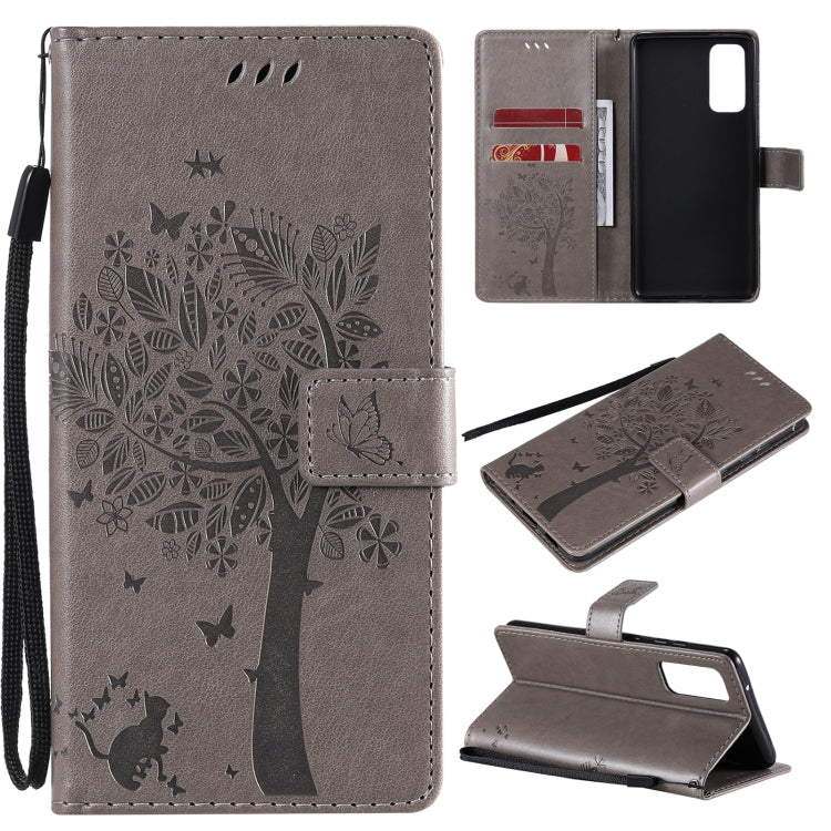 Tree & Cat Pattern Pressed Printing Horizontal Flip PU Leather Case with Holder & Card Slots & Wallet & Lanyard, For Samsung Galaxy S20 FE 5G / S20 Lite