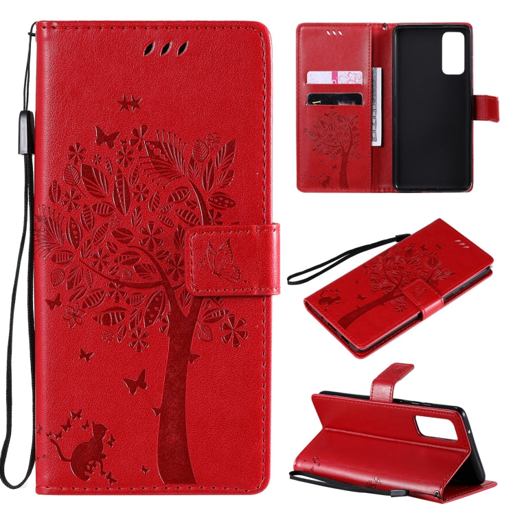Tree & Cat Pattern Pressed Printing Horizontal Flip PU Leather Case with Holder & Card Slots & Wallet & Lanyard, For Samsung Galaxy S20 FE 5G / S20 Lite