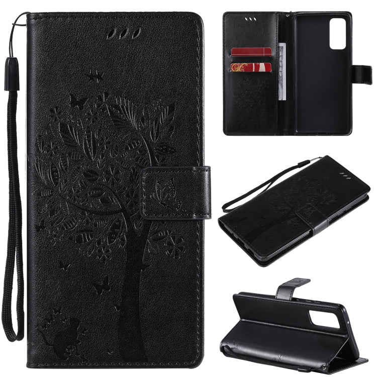 Tree & Cat Pattern Pressed Printing Horizontal Flip PU Leather Case with Holder & Card Slots & Wallet & Lanyard, For Samsung Galaxy S20 FE 5G / S20 Lite