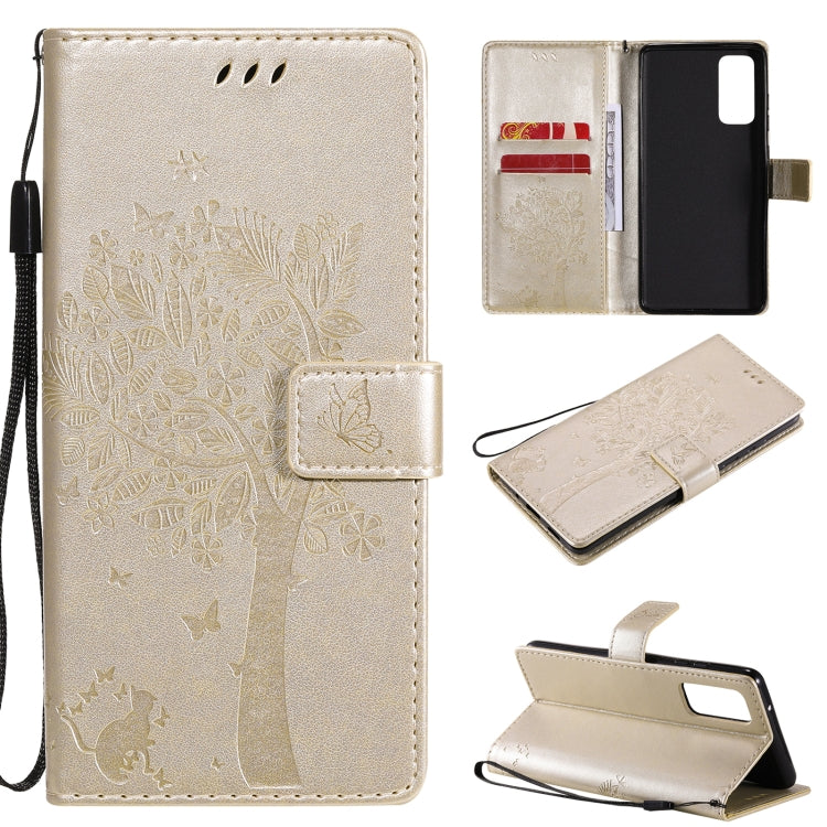 Tree & Cat Pattern Pressed Printing Horizontal Flip PU Leather Case with Holder & Card Slots & Wallet & Lanyard, For Samsung Galaxy S20 FE 5G / S20 Lite