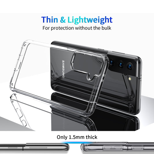 Galaxy S21+ 5G case displaying crystal-clear back panel and shock-absorbing frame