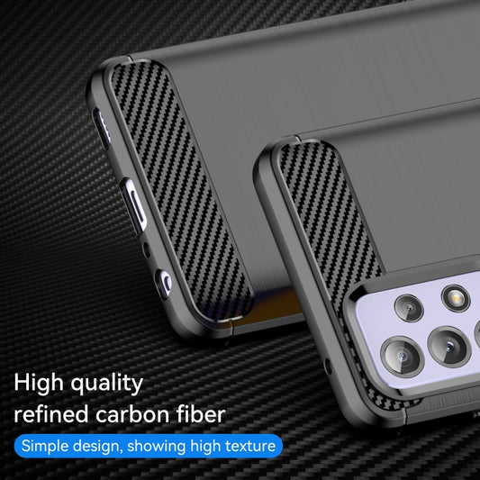 Side profile showing raised edges and carbon fiber brushed texture on Galaxy A52 5G case