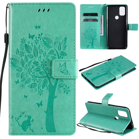 Tree and cat pattern PU leather flip case for OnePlus Nord N10 5G with card slots and lanyard