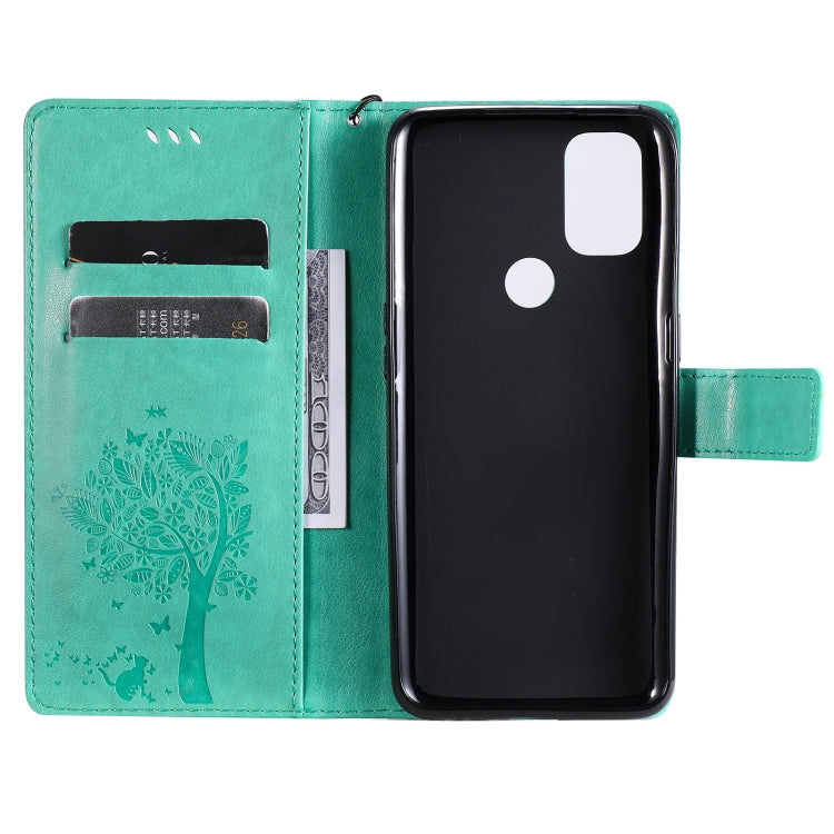 Tree & Cat Pattern Pressed Printing Horizontal Flip PU Leather Case with Holder & Card Slots & Wallet & Lanyard, For OnePlus Nord N10 5G, For OnePlus Nord N100