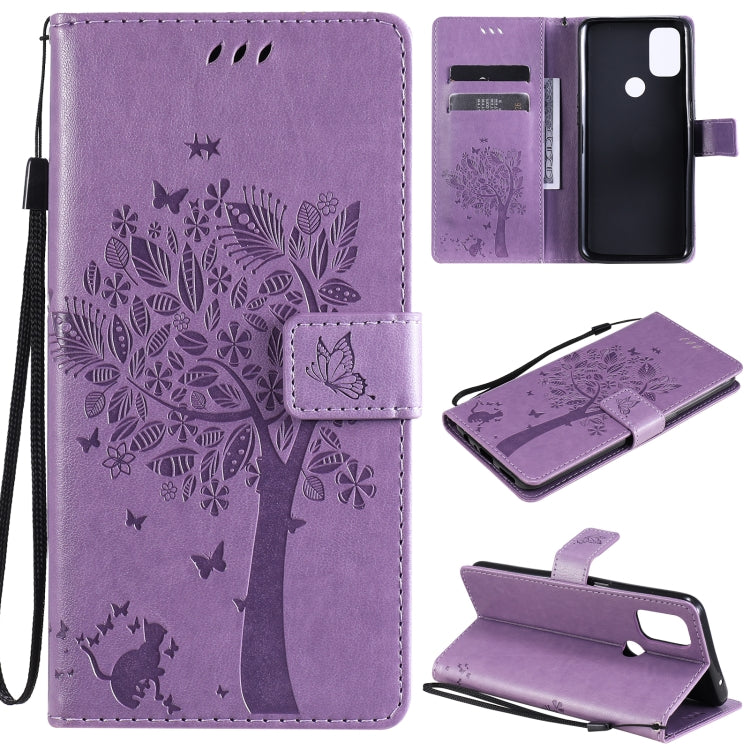 Tree & Cat Pattern Pressed Printing Horizontal Flip PU Leather Case with Holder & Card Slots & Wallet & Lanyard, For OnePlus Nord N10 5G, For OnePlus Nord N100