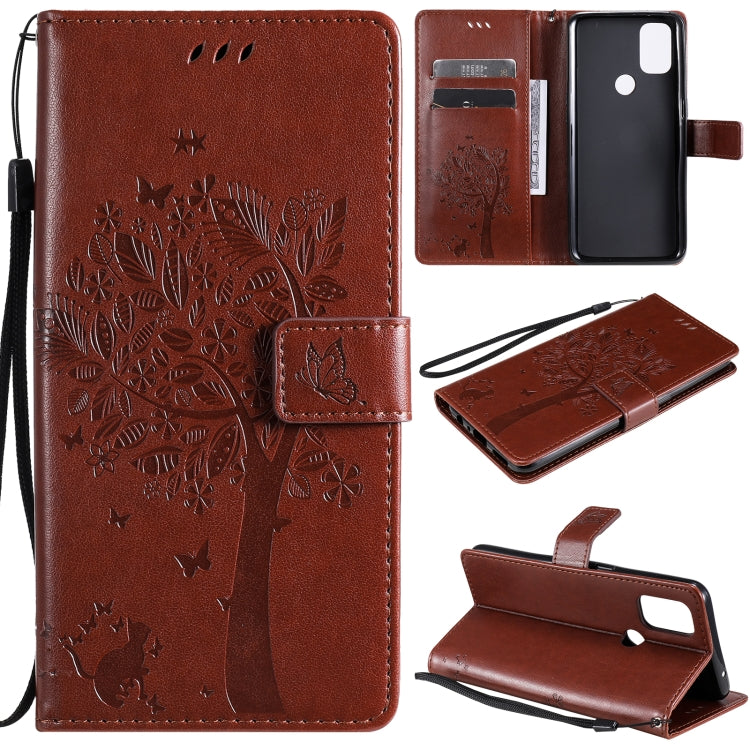 Tree & Cat Pattern Pressed Printing Horizontal Flip PU Leather Case with Holder & Card Slots & Wallet & Lanyard, For OnePlus Nord N10 5G, For OnePlus Nord N100