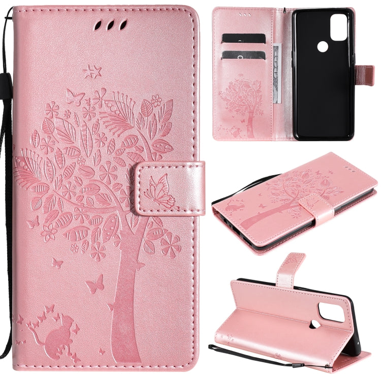 Tree & Cat Pattern Pressed Printing Horizontal Flip PU Leather Case with Holder & Card Slots & Wallet & Lanyard, For OnePlus Nord N10 5G, For OnePlus Nord N100