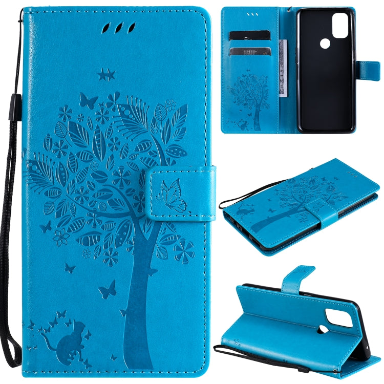 Tree & Cat Pattern Pressed Printing Horizontal Flip PU Leather Case with Holder & Card Slots & Wallet & Lanyard, For OnePlus Nord N10 5G, For OnePlus Nord N100