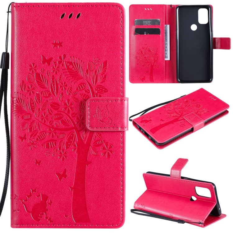 Tree & Cat Pattern Pressed Printing Horizontal Flip PU Leather Case with Holder & Card Slots & Wallet & Lanyard, For OnePlus Nord N10 5G, For OnePlus Nord N100
