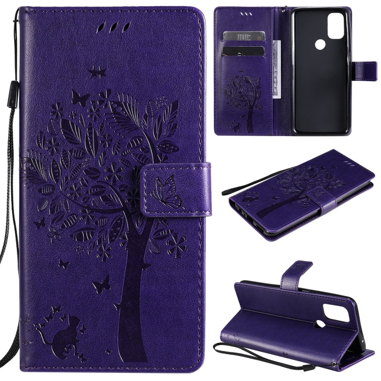 Tree & Cat Pattern Pressed Printing Horizontal Flip PU Leather Case with Holder & Card Slots & Wallet & Lanyard, For OnePlus Nord N10 5G, For OnePlus Nord N100