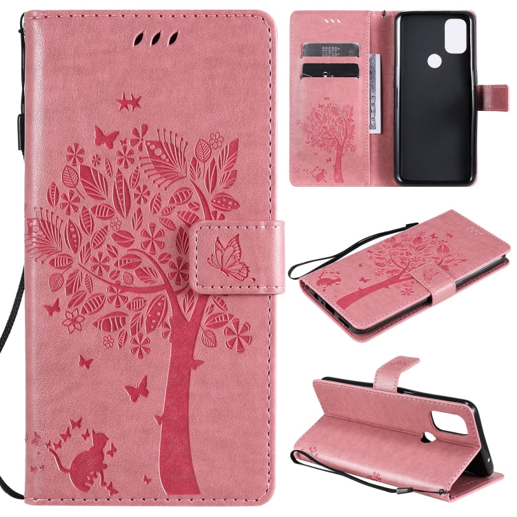 Tree & Cat Pattern Pressed Printing Horizontal Flip PU Leather Case with Holder & Card Slots & Wallet & Lanyard, For OnePlus Nord N10 5G, For OnePlus Nord N100