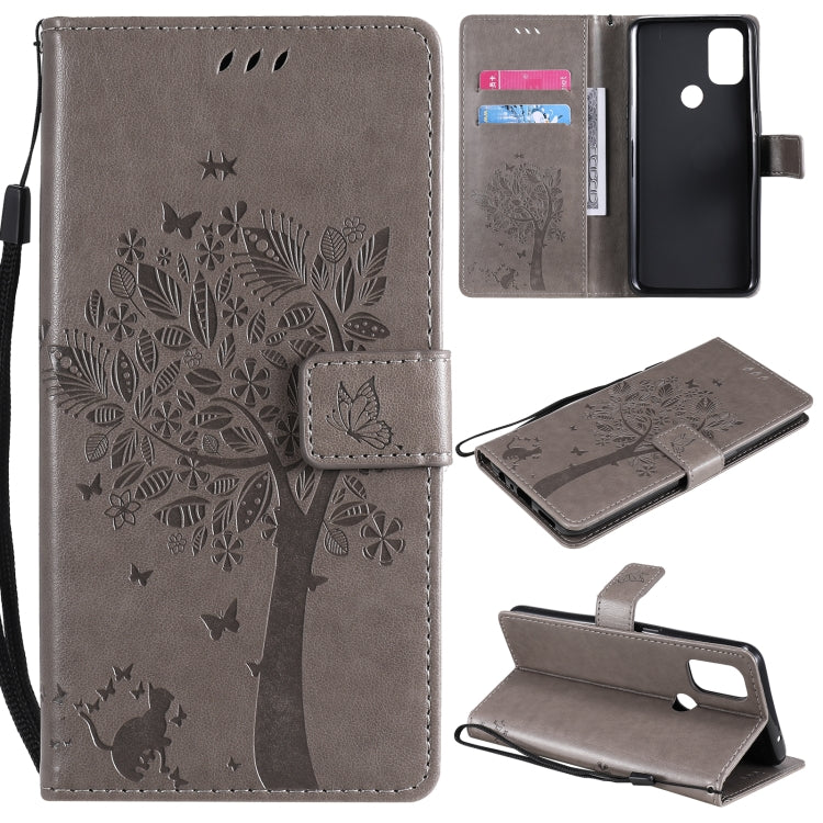 Tree & Cat Pattern Pressed Printing Horizontal Flip PU Leather Case with Holder & Card Slots & Wallet & Lanyard, For OnePlus Nord N10 5G, For OnePlus Nord N100