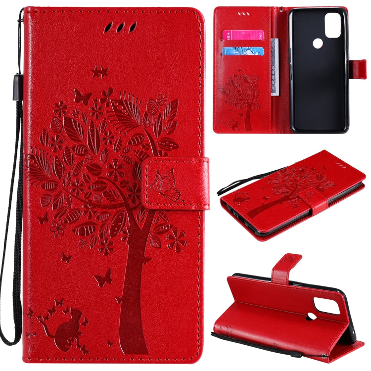 Tree & Cat Pattern Pressed Printing Horizontal Flip PU Leather Case with Holder & Card Slots & Wallet & Lanyard, For OnePlus Nord N10 5G, For OnePlus Nord N100