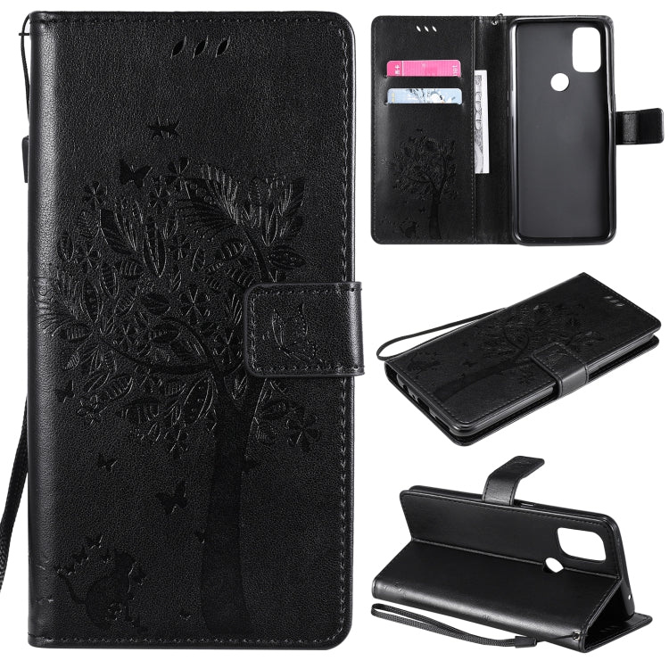 Tree & Cat Pattern Pressed Printing Horizontal Flip PU Leather Case with Holder & Card Slots & Wallet & Lanyard, For OnePlus Nord N10 5G, For OnePlus Nord N100